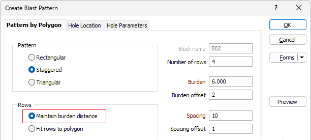 The Pattern by Polygon form with Maintain burden distance selected