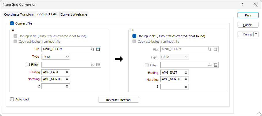 The Convert File tab of the Plane Grid Conversion form