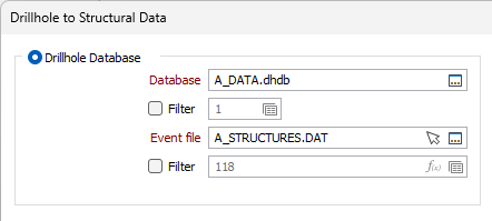 The Drillhole Database options in the Drillhole to Structural Data form