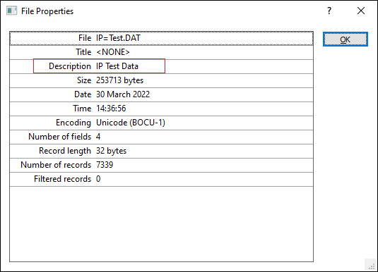 The File Properties form with the Description information displayed