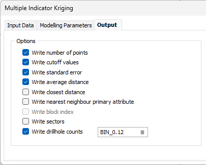 The Output tab of the Multiple Indicator Kriging form