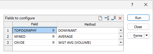 The Fields to configure options on the Regularise Block Model form
