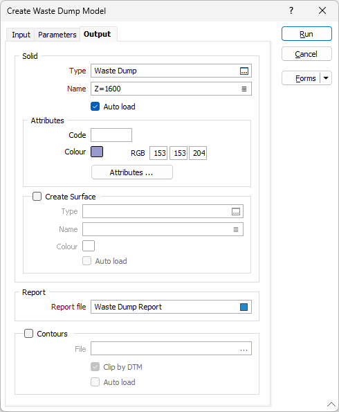 The Create Waste Dump Model form