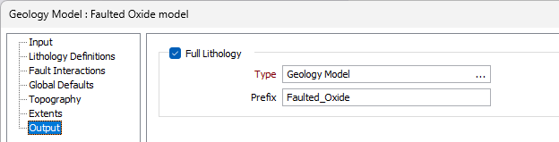 The Full Lithology options on the Output tab of the Geology Model form