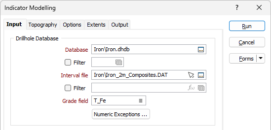 The Drillhole Database options on the Input tab