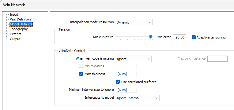 The Global Defaults tab of the Vein Network form