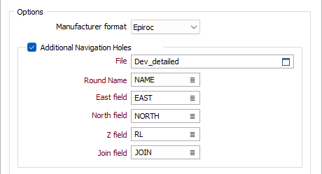 The Options section of the Export Heading Design to IREDES form for Epiroc