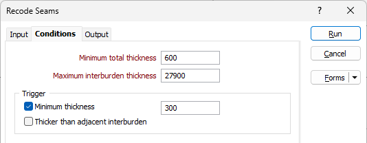 The Conditions tab of the Recode Seams form