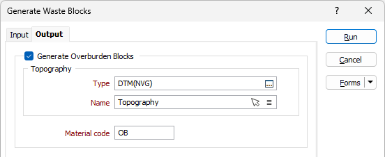 The Generate Overburden Blocks options on the Output tab