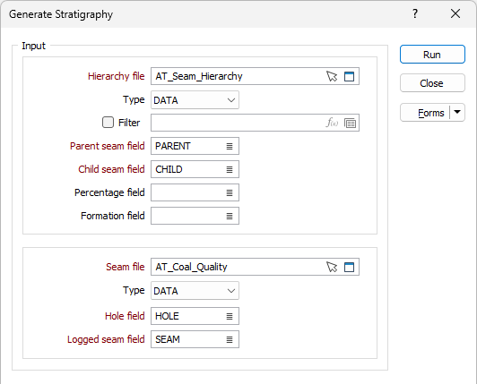 The Input options on the Generate Stratigraphy form
