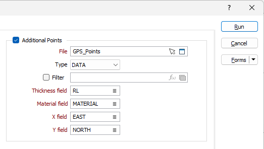 The Additional Points options on the Input/Output tab of the Create Thickness Grids form