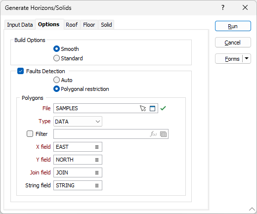 The Options tab of the Generate Horizons/Solids form
