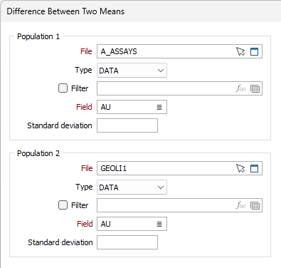 Population 1 and Population 2 settings in the Difference Between Two Means form