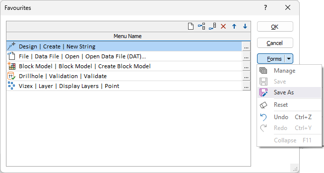 The Save Forms option on the Favourites form shortcut menu