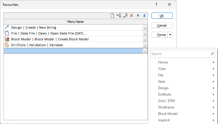 Manage Favourites The Command menu in the Favourites form