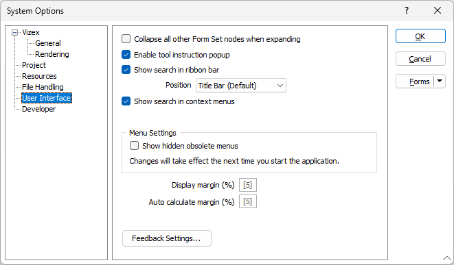 The User Interface tab of the System Options form