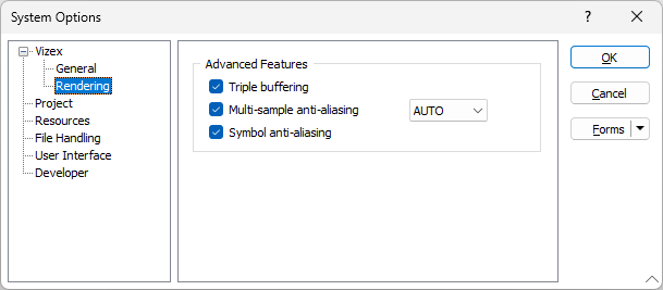 The Rendering options in System Options | Vizex