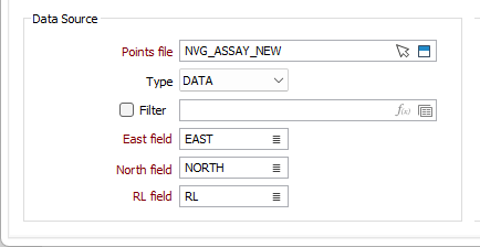 The Data Source options on the Input tab of the Estimate Wireframe Grade Tonnage form