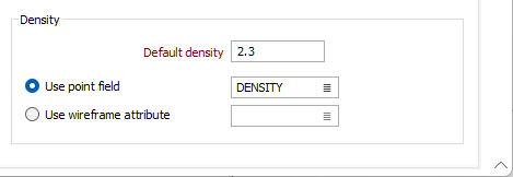 The Density options on the Input tab of the Estimate Wireframe Grade Tonnage form 